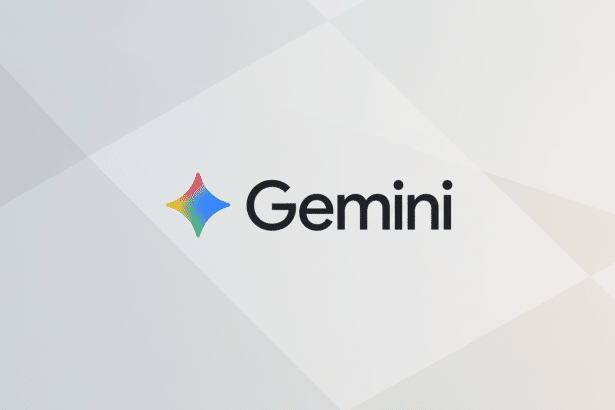The Gemini logo, featuring a colorful, four-pointed star icon to the left of the word Gemini in black text, set against a professional light gray background with subtle geometric patterns.