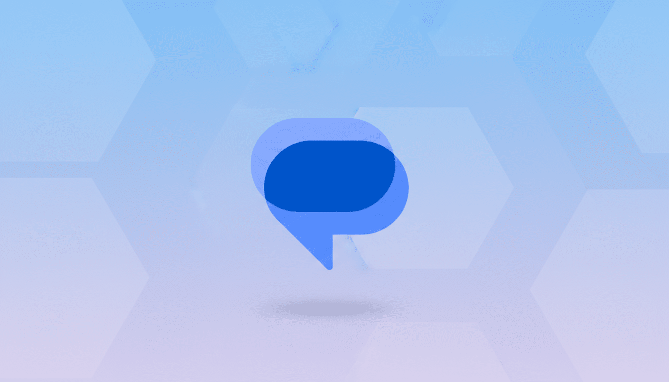 A blue chat bubble icon on a professional flat design background with soft patterns and gradients.
