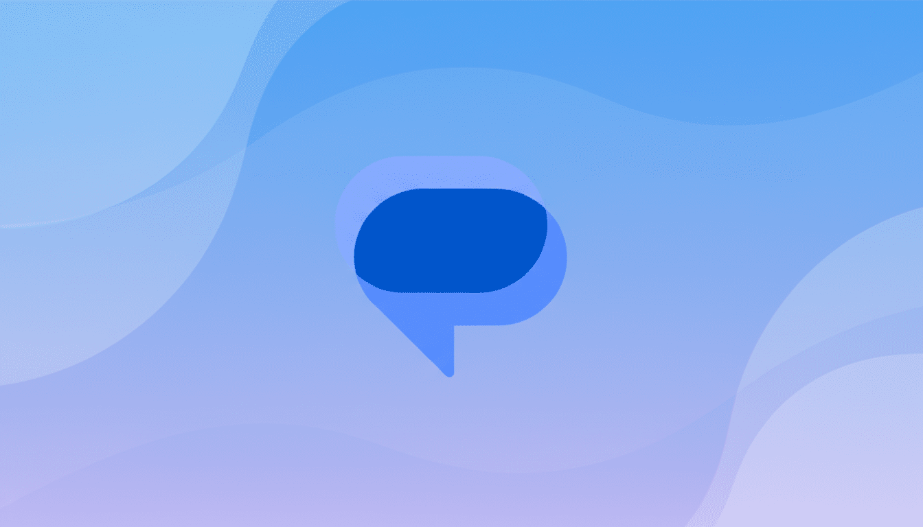 A blue chat bubble icon centered on a background with soft, wavy blue and purple gradients.