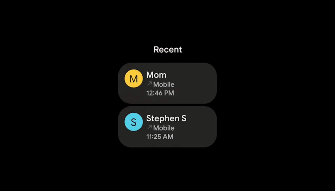 A screenshot of a Recent call list on a dark background, showing two entries: Mom with a yellow initial M icon, and Stephen S with a light blue initial S icon. Both entries display Mobile and a timestamp.