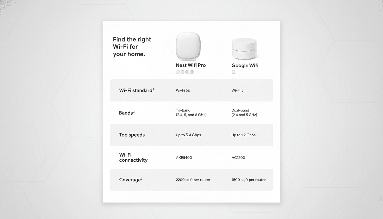 A comparison chart for Nest Wifi Pro and Google Wifi, showing features like Wi-Fi standard, bands, top speeds, Wi-Fi connectivity, and coverage. The chart is presented on a professional flat design background with soft patterns.