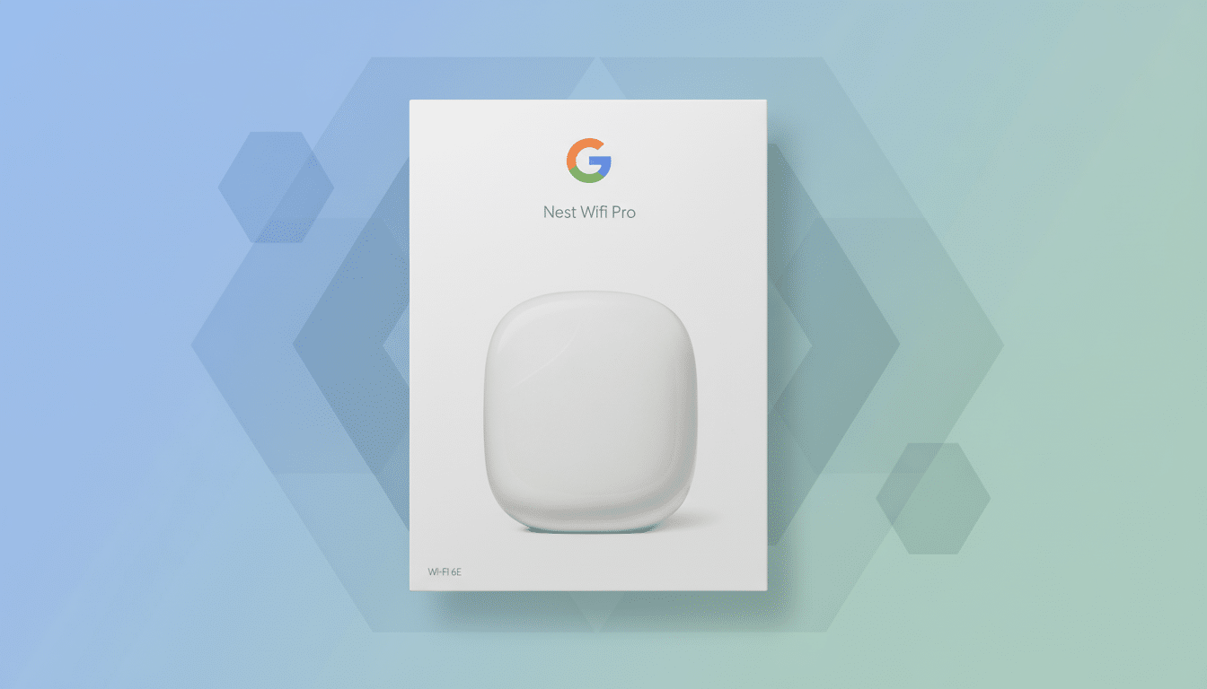 A 16:9 aspect ratio image of a Google Nest Wifi Pro box on a professional flat design background with soft patterns and gradients.