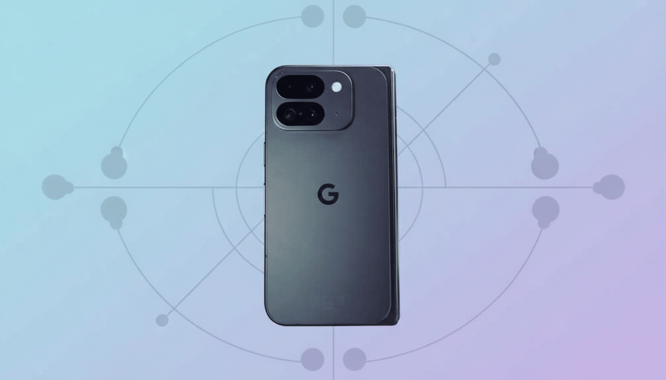 A dark gray smartphone with a G logo on the back, featuring a dual-camera setup, presented against a professional flat design background with soft blue and purple gradients and subtle geometric patterns.