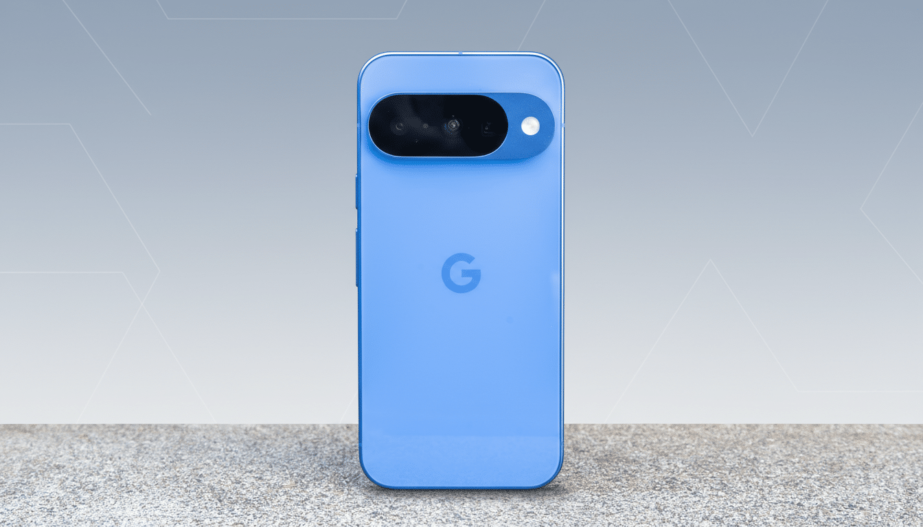 A blue Google Pixel phone stands upright on a concrete surface, with a professional flat design background featuring soft patterns and gradients.