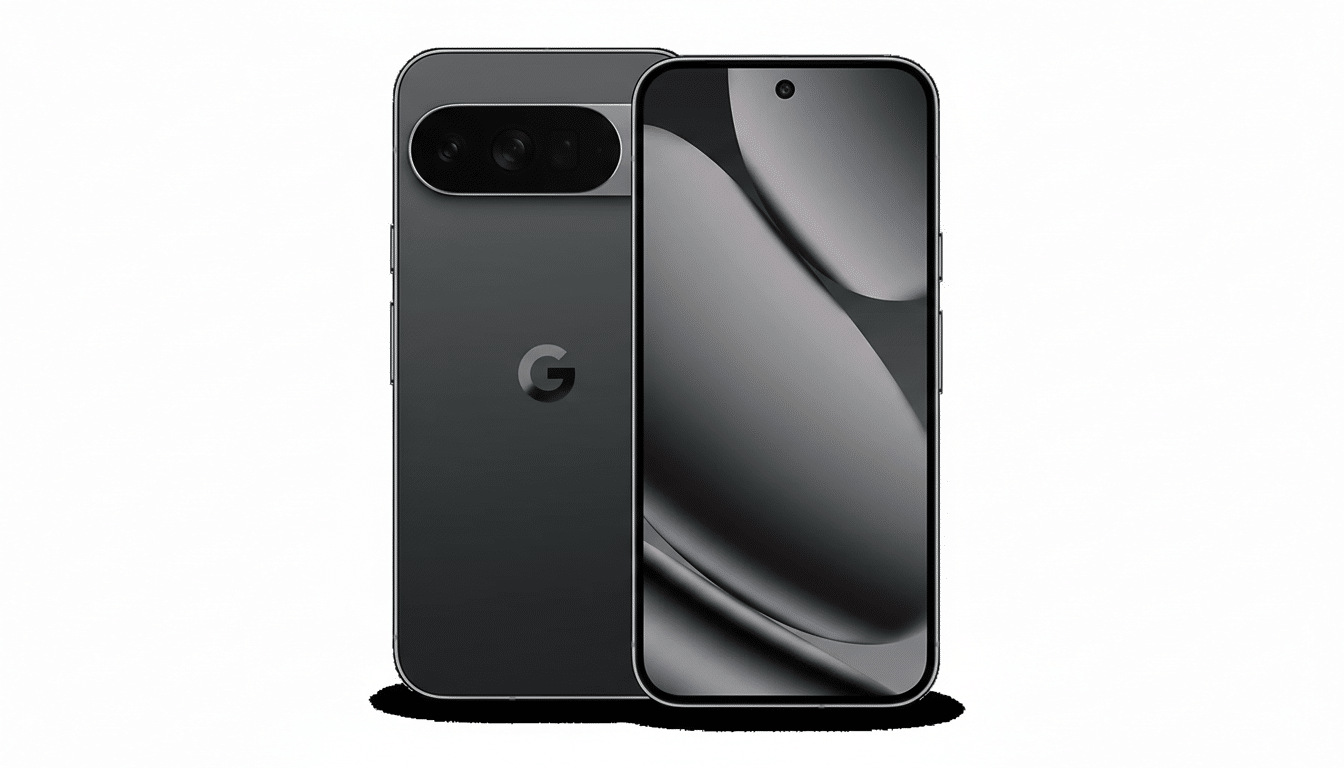 A dark gray smartphone with a camera bar on the back and a screen displaying a dark, abstract pattern, presented on a white background.