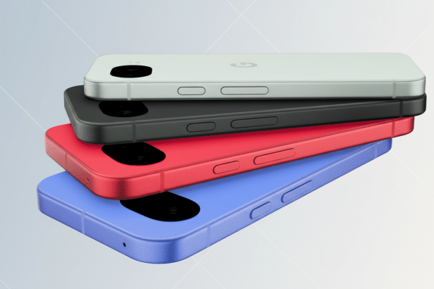 A stack of four Google Pixel phones in different colors: light green, black, red, and blue, presented on a professional flat design background with soft gradients.
