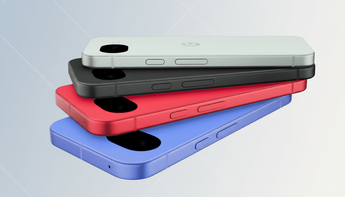A stack of four Google Pixel phones in different colors: light green, black, red, and blue, presented on a professional flat design background with soft gradients.