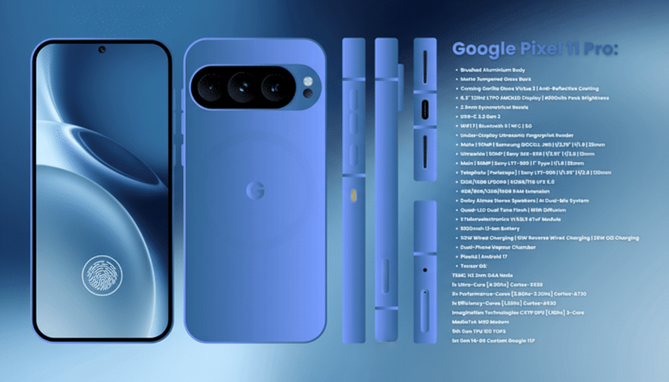 A professional presentation of the Google Pixel 11 Pro, featuring a front view with a fingerprint sensor icon, a rear view showcasing its camera array and Google logo, and multiple side views detailing its buttons and ports. To the right, a comprehensive list of specifications is provided, all set against a clean, professional background.