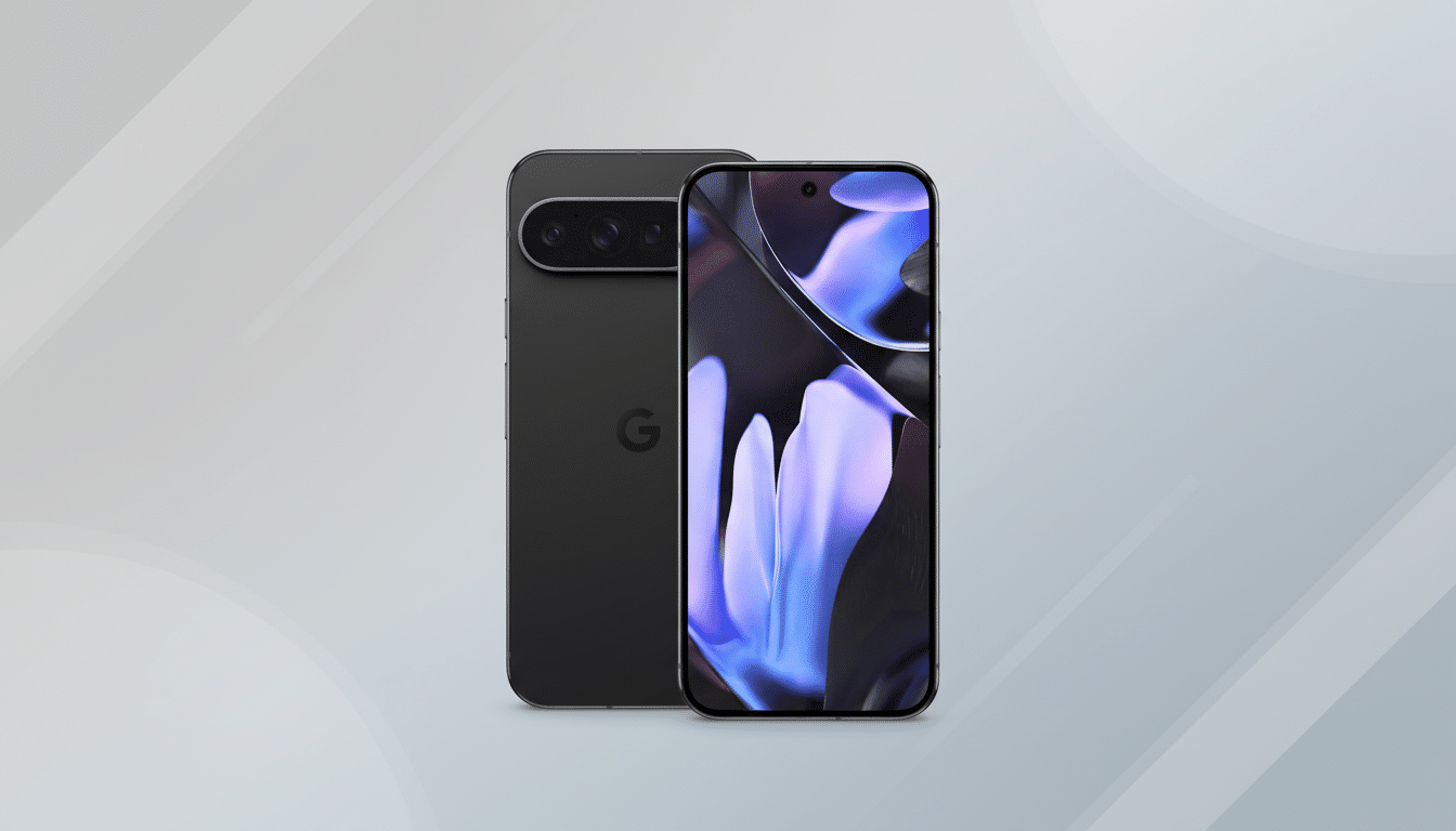 A black smartphone with a dark gray back and a G logo, positioned slightly behind another black smartphone displaying a purple and blue abstract wallpaper, all set against a light gray background with subtle, curved white patterns.