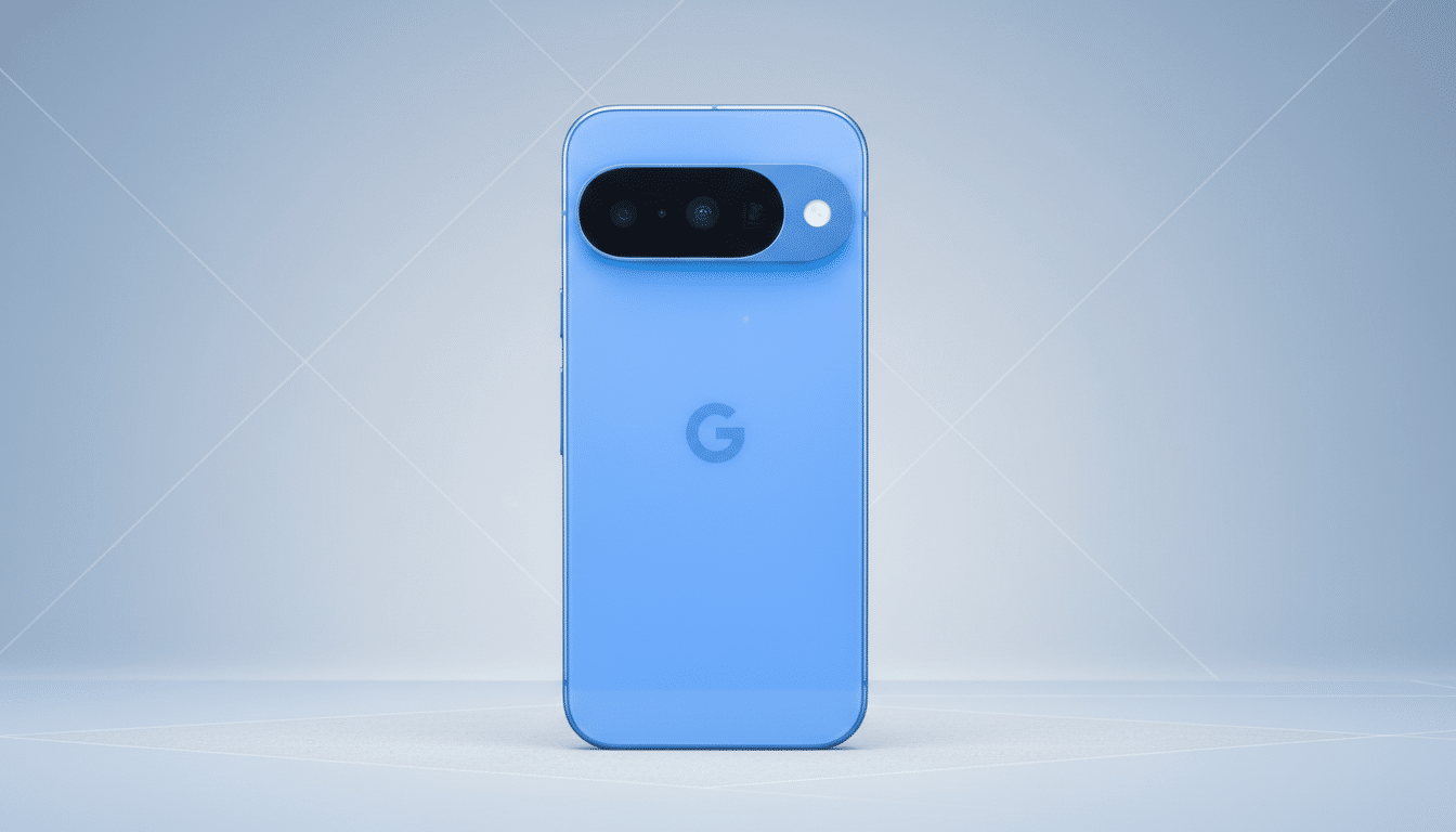 A blue Google Pixel phone is centered on a light blue and white gradient background with subtle geometric patterns.