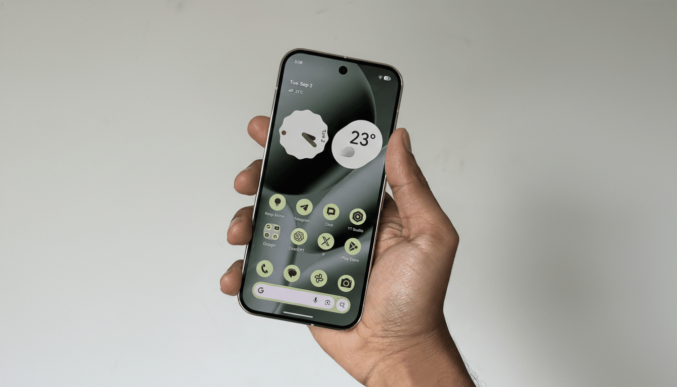 A hand holding a smartphone with a home screen displaying various app icons and widgets, resized to a 16:9 aspect ratio.