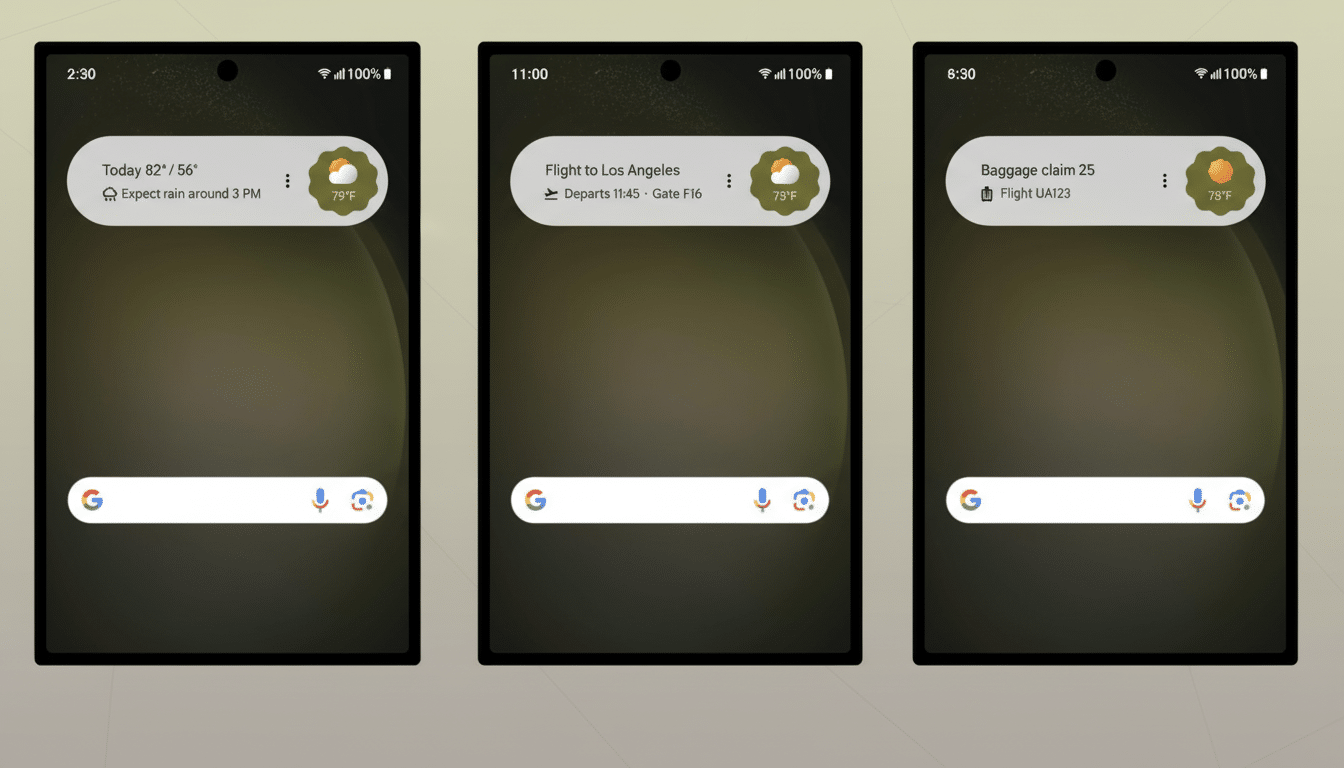 Three smartphone screens displaying Google search bars and different notification widgets.
