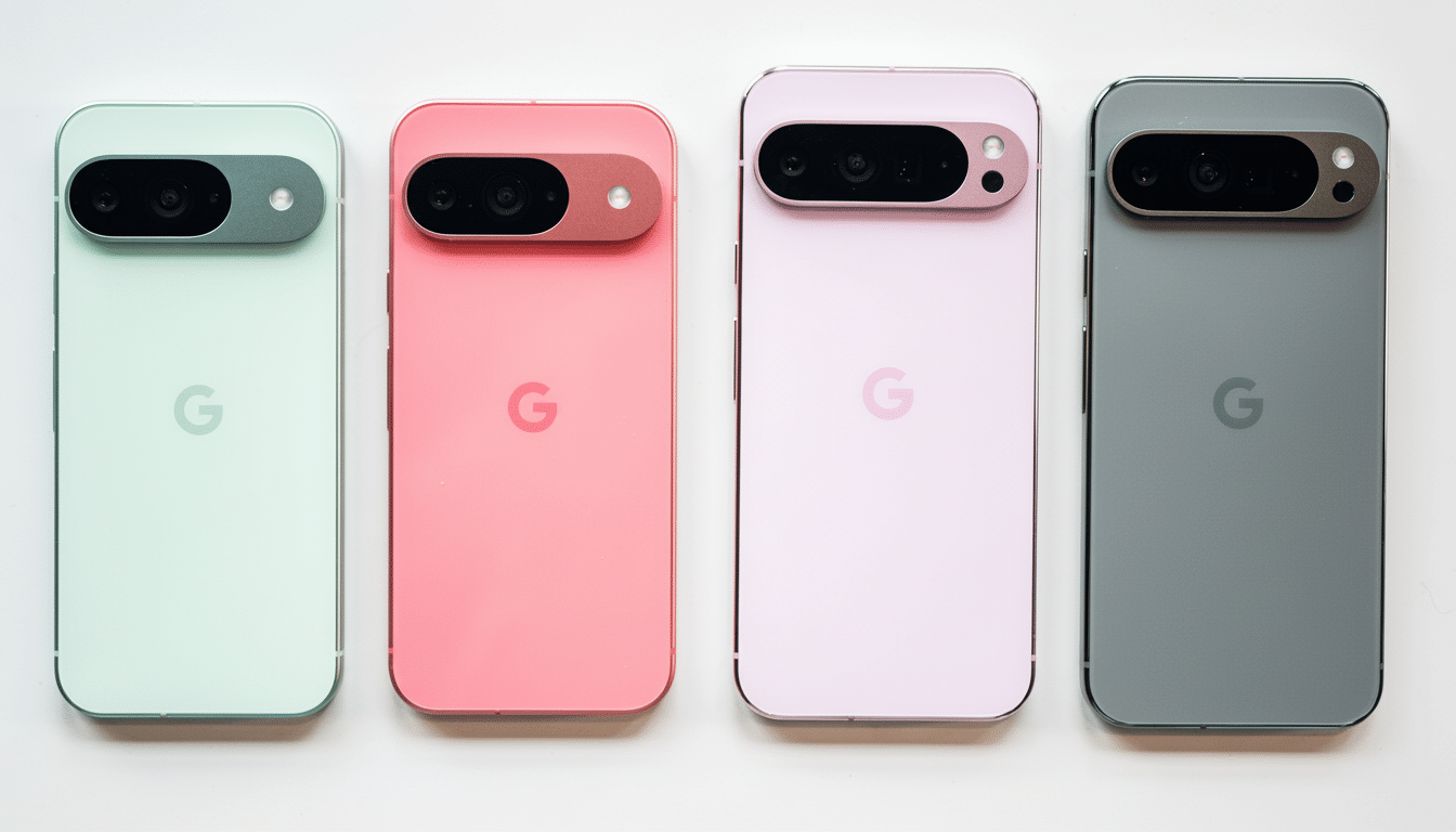 Four Google Pixel phones in different colors (green, pink, light purple, and gray) are arranged in a row on a white background.