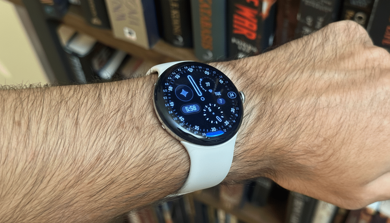 A close-up of a persons arm wearing a white Google Pixel Watch, with a bookshelf blurred in the background.