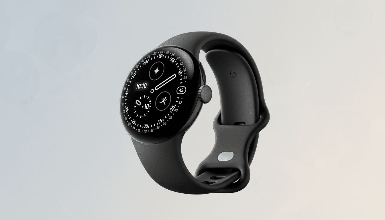 A black smartwatch with a round face and a black band, displaying a digital watch face with various icons and numbers, set against a professional flat design background with soft gradients.