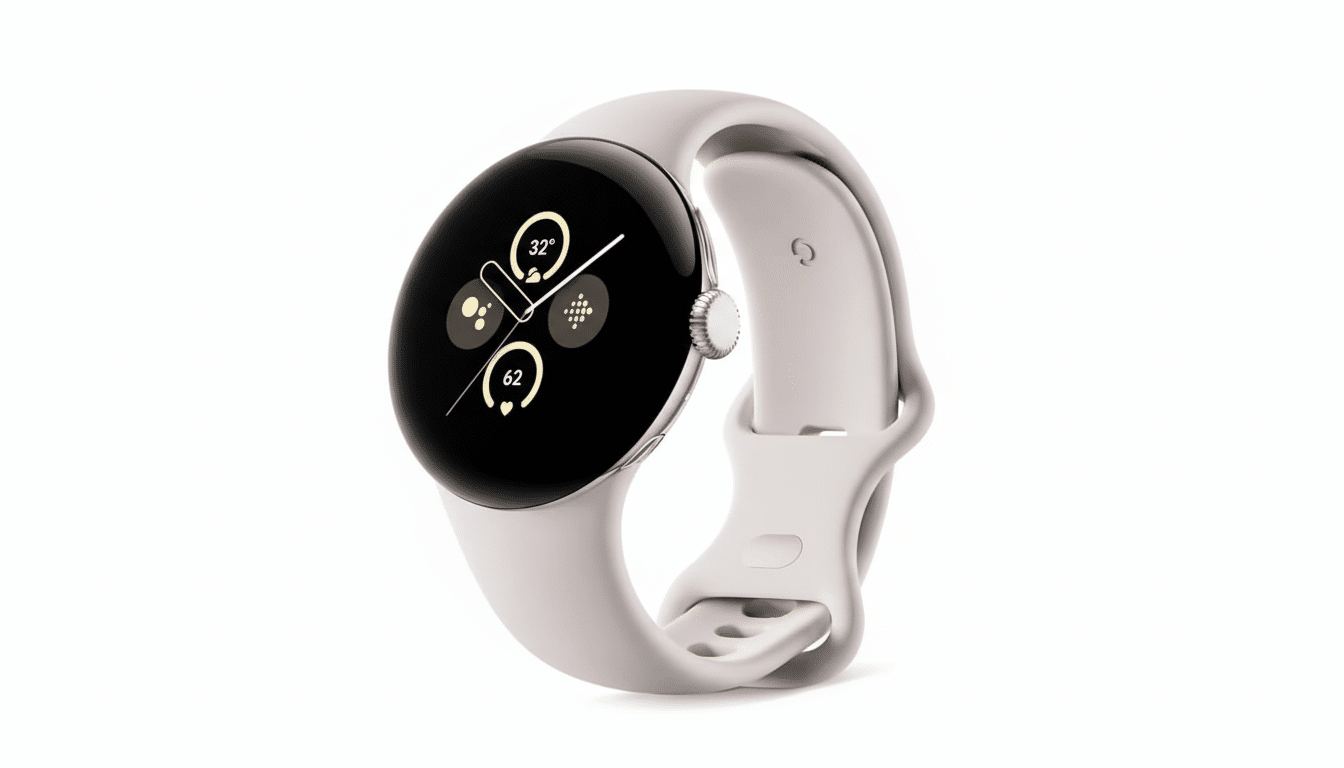 A white Google Pixel Watch with a light gray band is displayed against a clean white background.