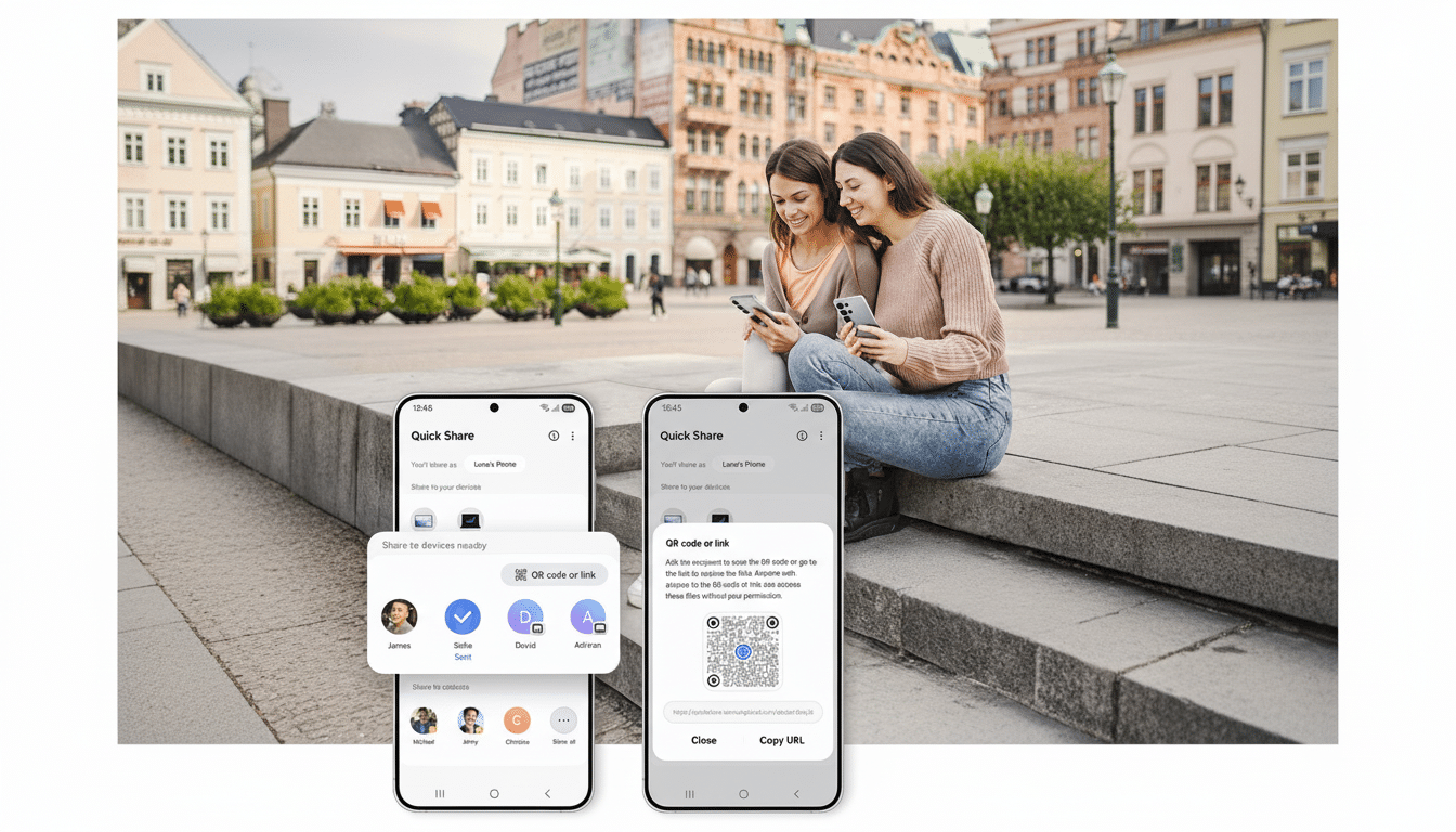 Two women sitting on steps in a city square, looking at their phones. In the foreground, two smartphones display the Quick Share interface, showing options to share files via nearby devices or a QR code.