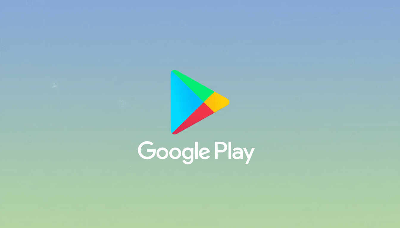 The Google Play logo and text on a professional flat design background with soft patterns and gradients.