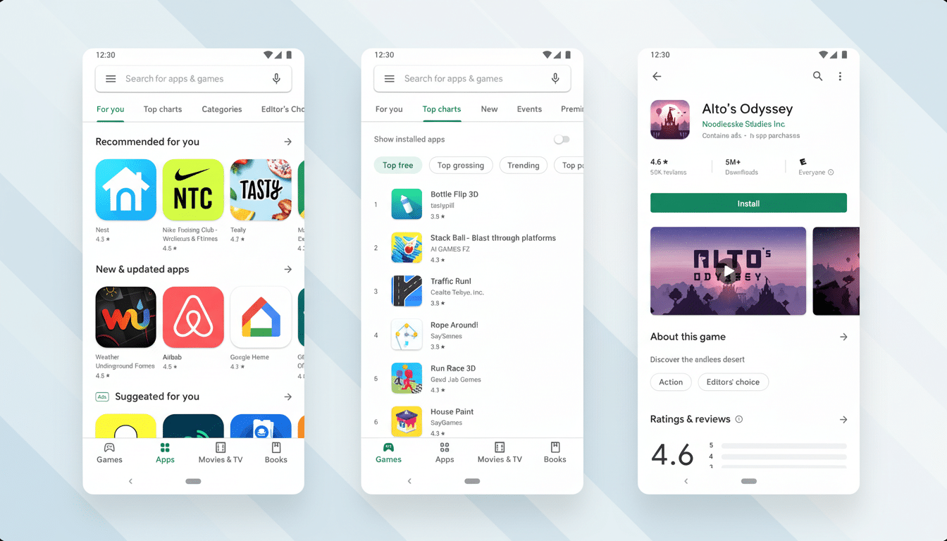 A professionally enhanced image of three mobile phone screens displaying different sections of an app store, resized to a 16:9 aspect ratio.