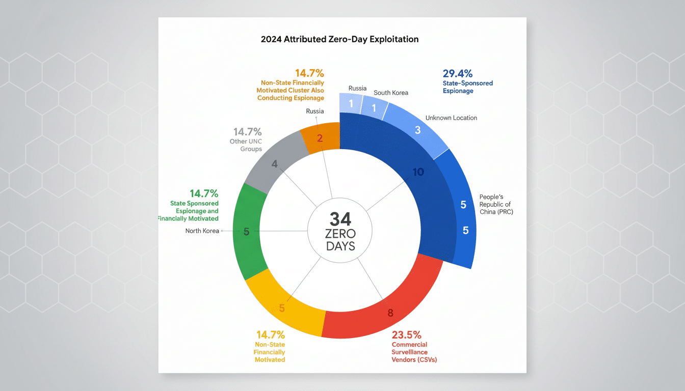 A pie chart titled 2024 Attributed Zero-Day Exploitation showing 34 zero days, broken down by attribution. The largest segment, 29.4%, is State-Sponsored Espionage, with sub-segments for Peoples Republic of China (PRC), Unknown Location, South Korea, and Russia. Other segments include Commercial Surveillance Vendors (CSVs) at 23.5%, Non-State Financially Motivated at 14.7%, State Sponsored Espionage and Financially Motivated (North Korea) at 14.7%, Other UNC Groups at 14.7%, and Non-State Financially Motivated Cluster Also Conducting Espionage (Russia) at 14.7%.