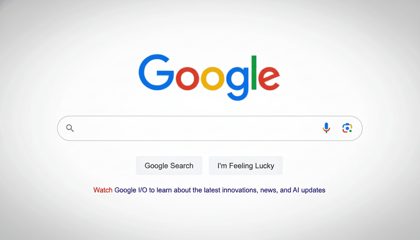 The Google search homepage with the Google logo, a search bar, and Google Search and Im Feeling Lucky buttons. Below the buttons, there is a link that says Watch Google I/O to learn about the latest innovations, news, and AI updates.