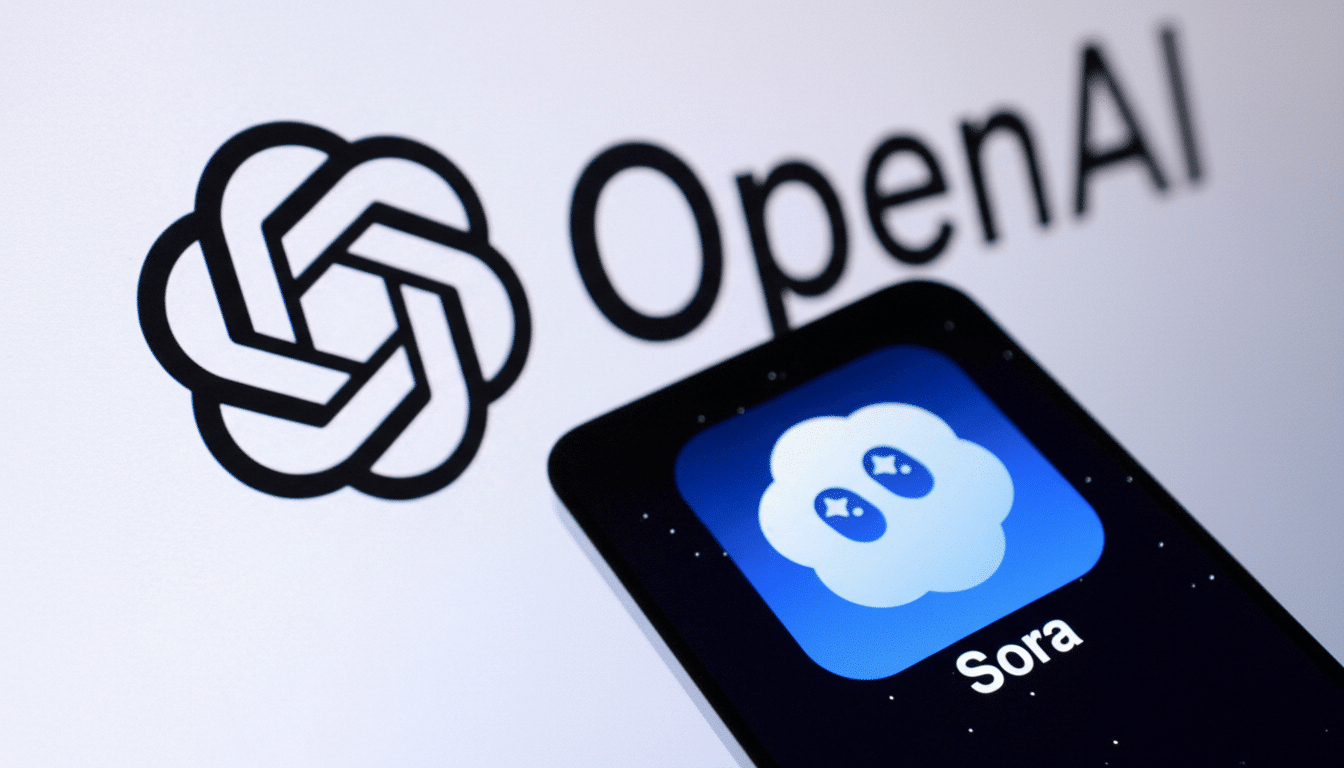 A smartphone displaying the Sora app icon is positioned in front of the OpenAI logo, with the image resized to a 16:9 aspect ratio.
