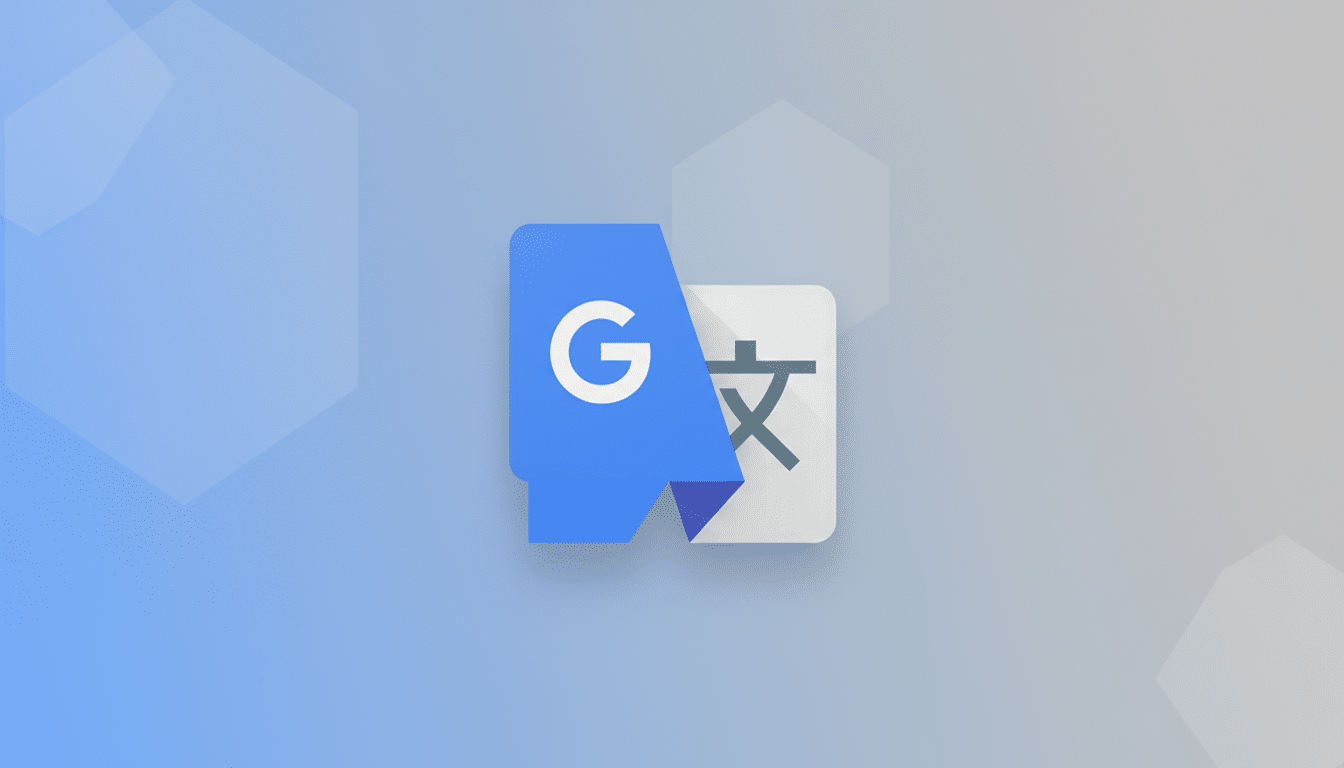 The Google Translate app icon is centered on a professional 16:9 background with a soft blue-to-grey gradient and subtle hexagonal patterns. The icon itself remains unchanged, featuring a blue speech bubble with a white G and a white document icon with a black Chinese character.