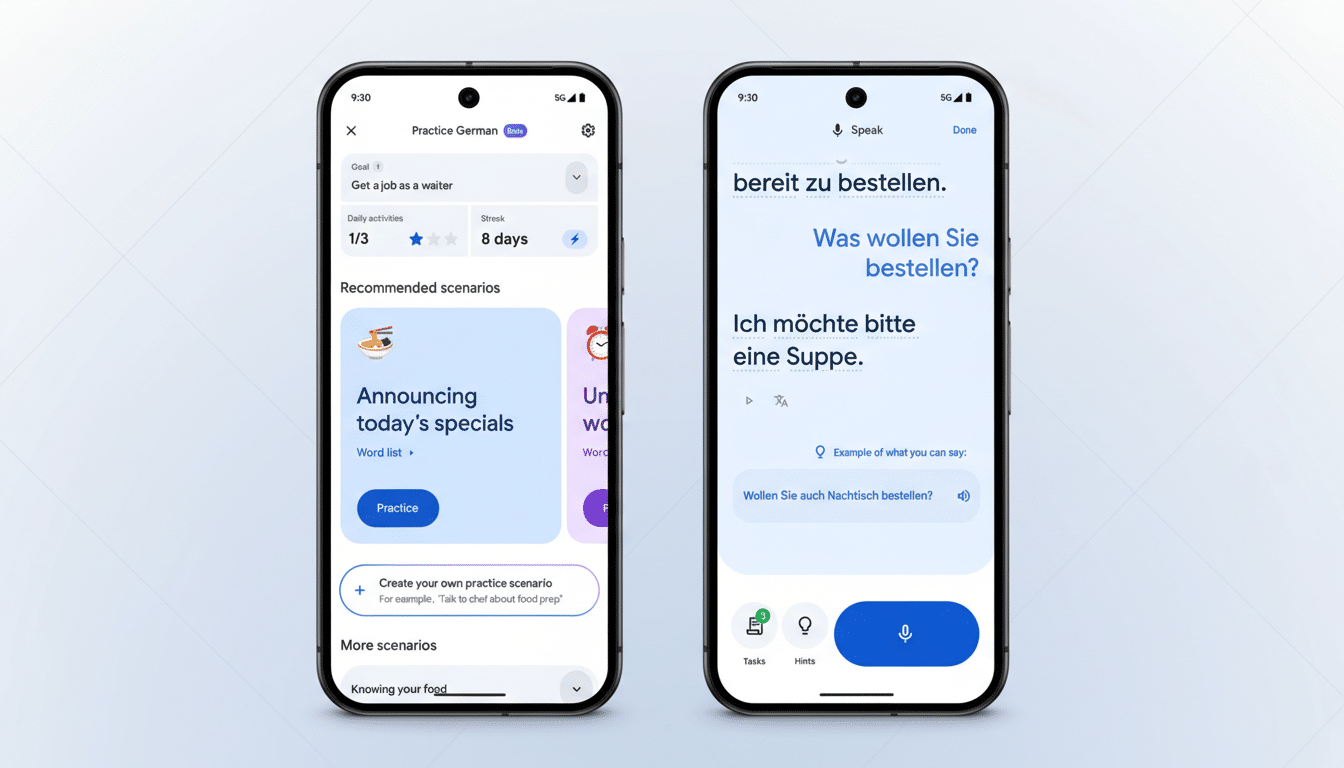 A 16:9 aspect ratio image showing two smartphone screens side-by-side, displaying a German language learning app. The left screen shows a Practice German interface with daily activities and recommended scenarios, while the right screen shows a conversation practice interface with German phrases.