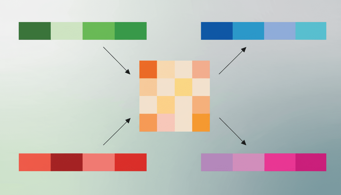 A central square grid of warm, muted colors with four arrows pointing outwards to four horizontal color palettes: green, blue, red, and purple/pink.
