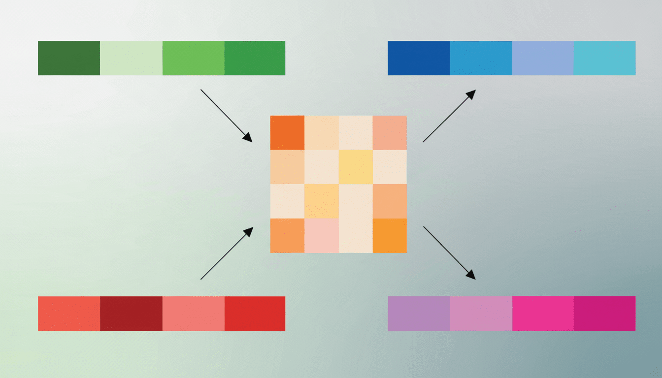 A professional image displaying a central square grid of warm, muted colors, with four arrows pointing outwards to four horizontal color palettes. The palettes feature shades of green, blue, red, and purple/pink, all presented on a subtle gradient background.
