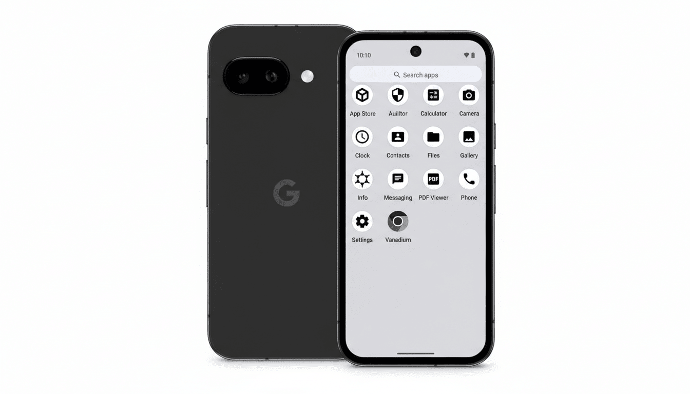 A black smartphone with a white screen displaying app icons, positioned next to the back of another identical black smartphone, all against a clean white background.