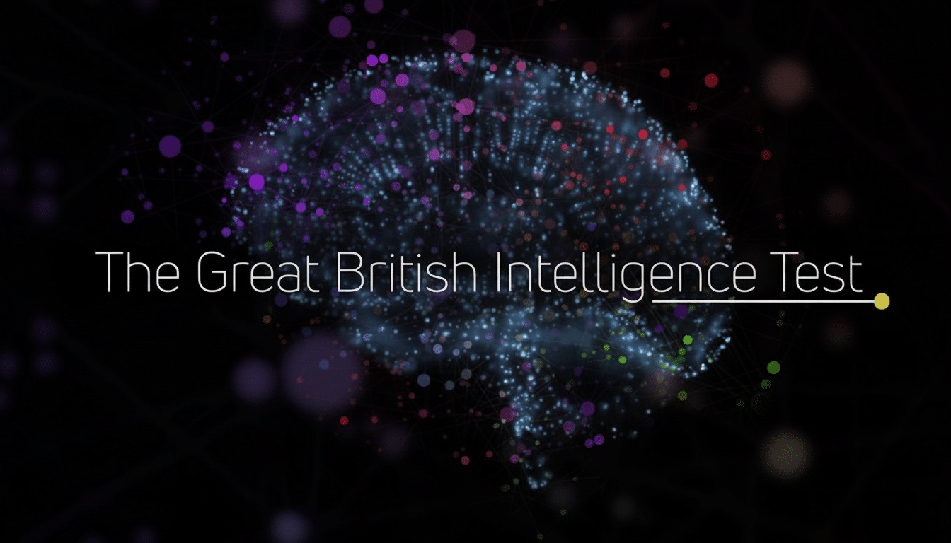 The Great British Intelligence Test title card with a stylized, glowing brain graphic composed of many small, colorful dots and lines on a dark background.
