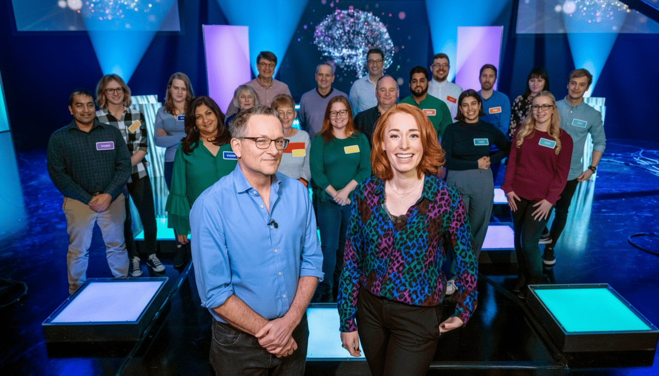 A group of people, including two hosts in the foreground, standing on a brightly lit stage with a large brain-like graphic in the background.