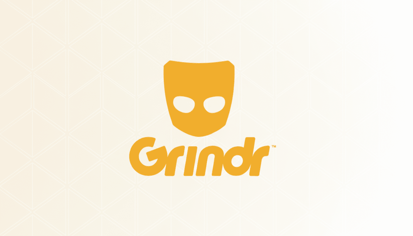 The Grindr logo, featuring a stylized orange mask icon above the word Grindr in orange text, set against a professional flat design background with soft, light patterns and a subtle gradient.