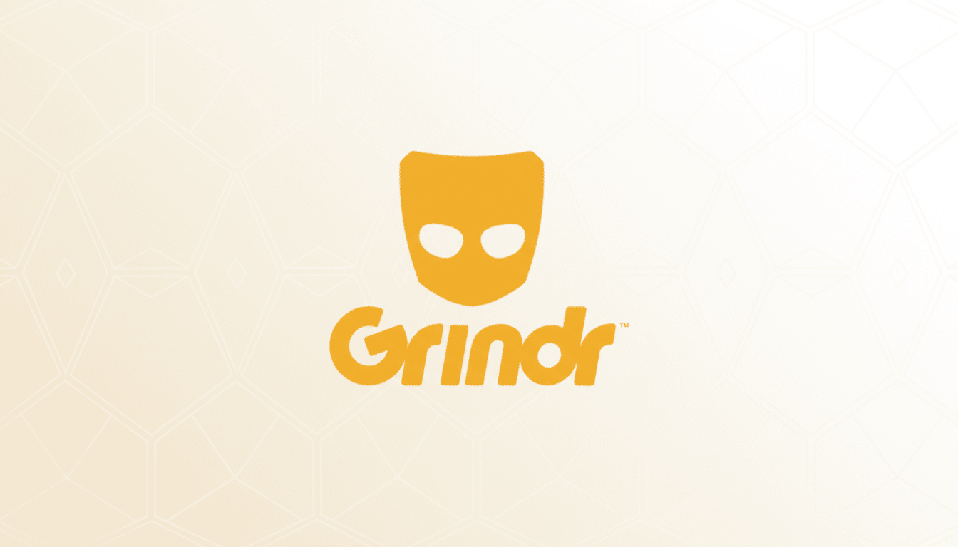 The Grindr logo, featuring a stylized orange mask icon above the word Grindr in orange text, set against a light cream background with subtle geometric patterns.
