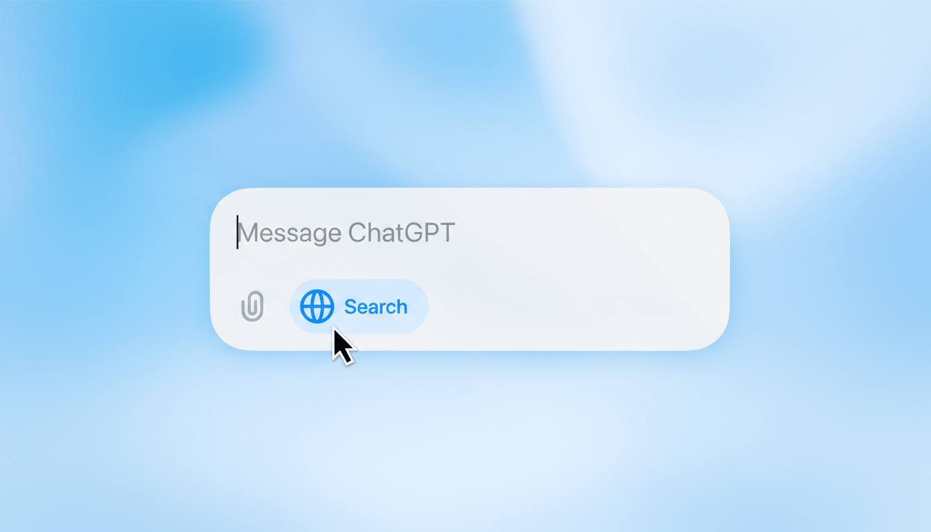 A close-up of a message input field with Message ChatGPT as a placeholder, and a Search button with a globe icon, all set against a soft, light blue gradient background.