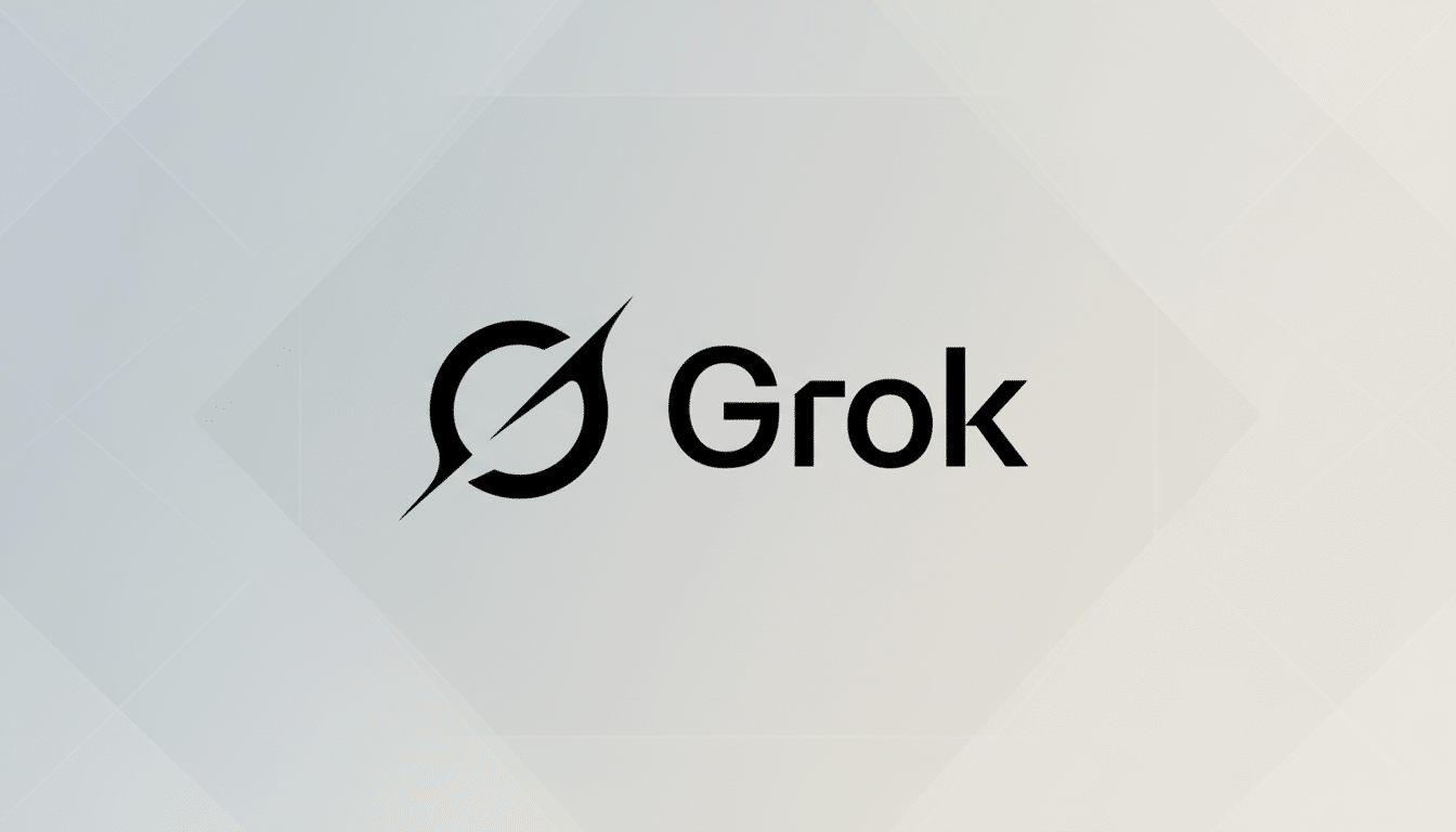 The Grok logo, featuring a stylized black G icon with a diagonal slash, next to the word Grok in black sans-serif font, all centered on a professional light gray background with subtle geometric patterns.