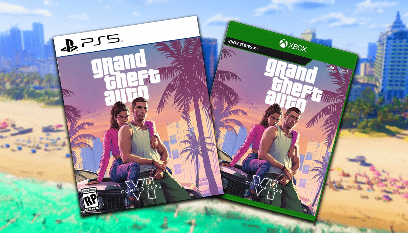 Two Grand Theft Auto VI game covers, one for PS5 and one for Xbox Series X, are displayed on a beach background with a city skyline in the distance.