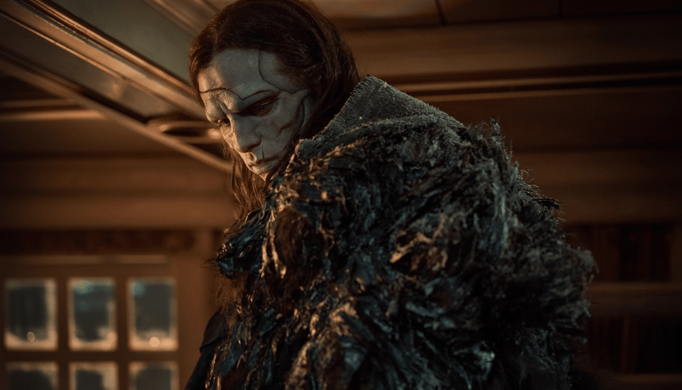 A person with pale, scarred skin and dark hair, wearing a textured, dark garment, looking down and to the left in a dimly lit room.