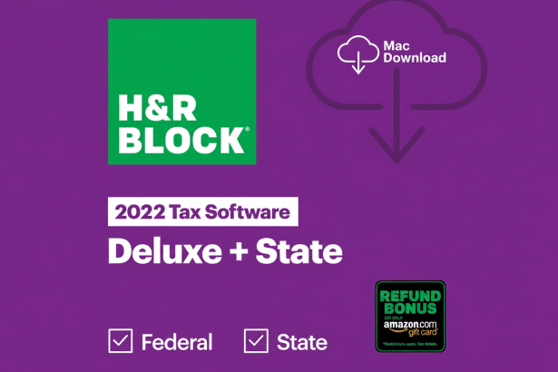A 16:9 aspect ratio image of H&R Block 2022 Tax Software Deluxe + State, with options for Federal and State, a Mac Download icon, and a Refund Bonus on Amazon.com gift card offer, all on a purple background.