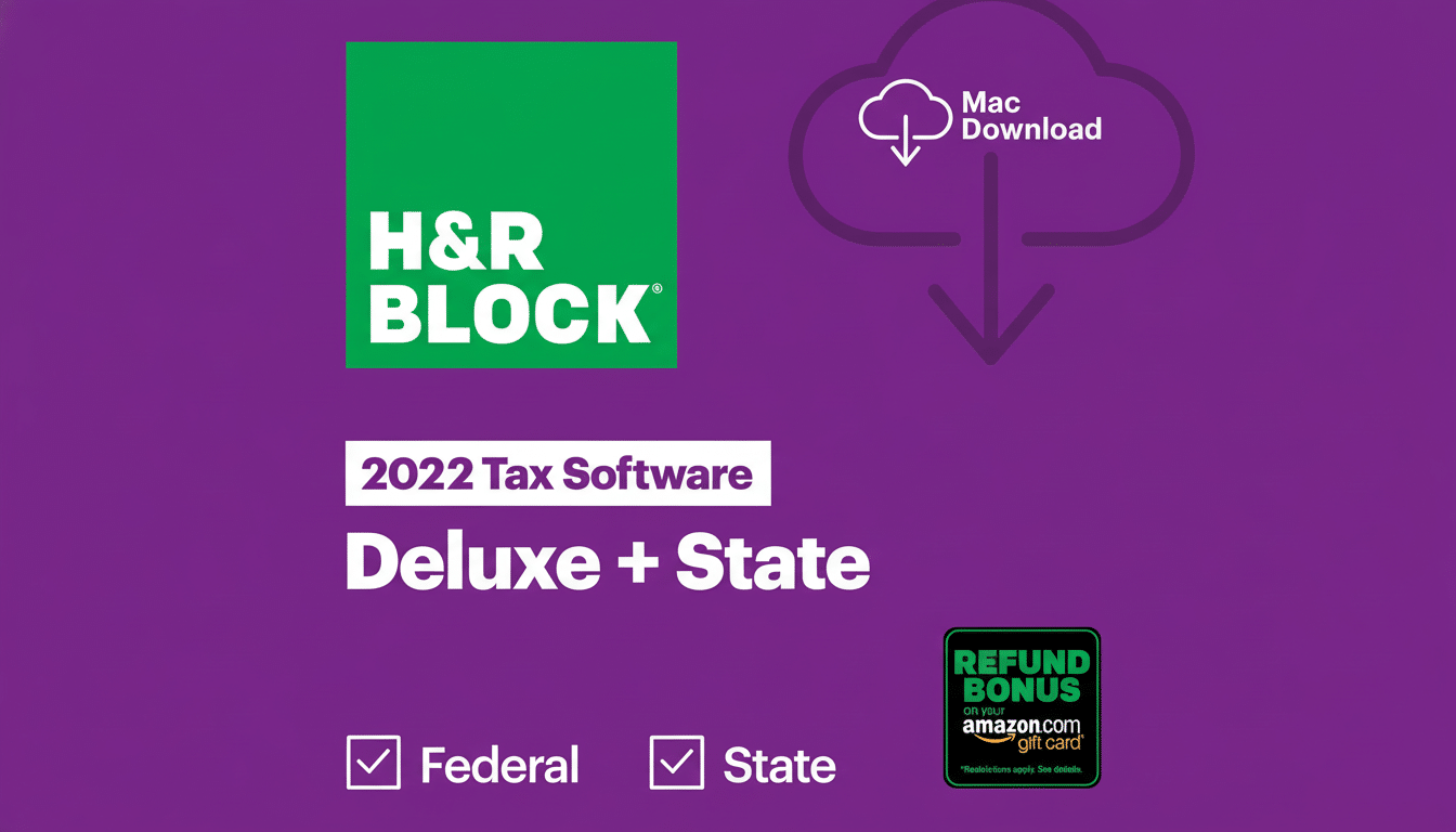 A 16:9 aspect ratio image of H&R Block 2022 Tax Software Deluxe + State, with options for Federal and State, a Mac Download icon, and a Refund Bonus on Amazon.com gift card offer, all on a purple background.