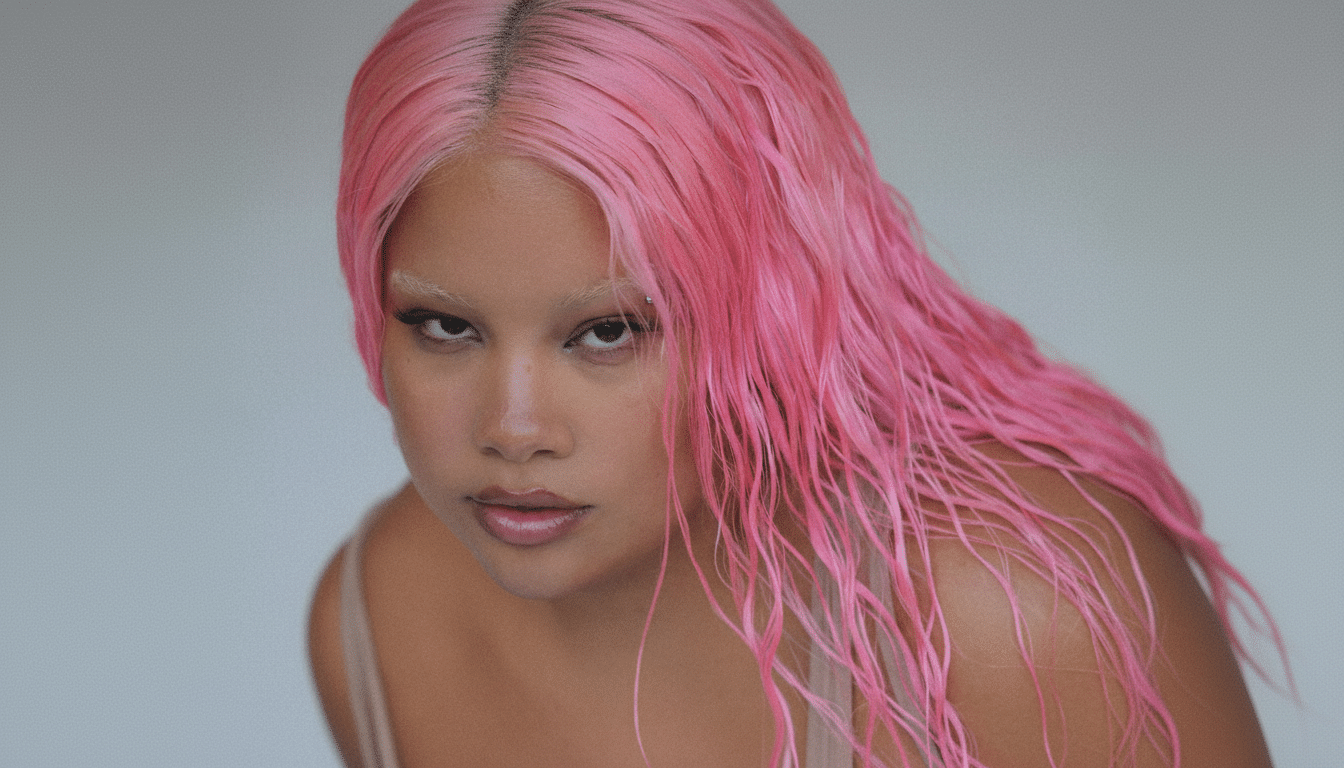 A person with pink hair and light eyebrows looking directly at the camera.