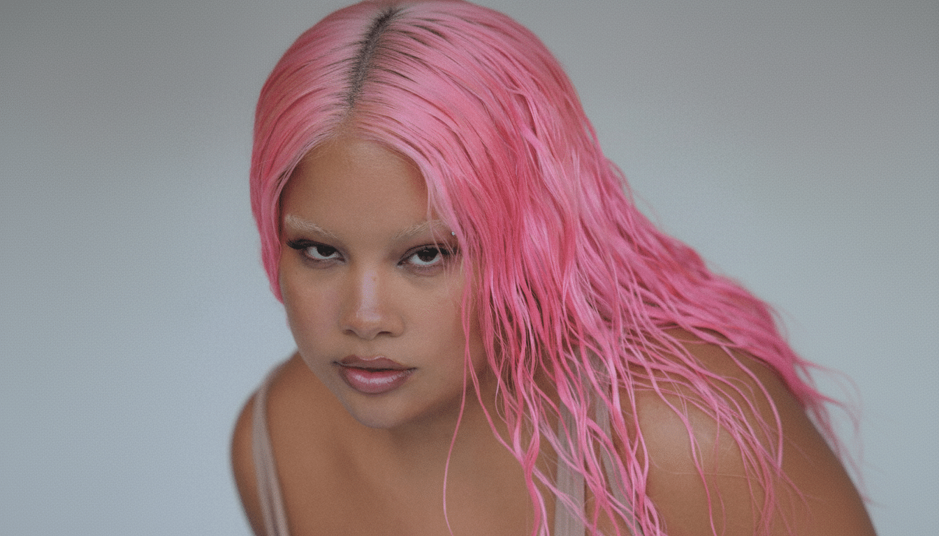A person with pink hair and light eyebrows looks directly at the viewer.