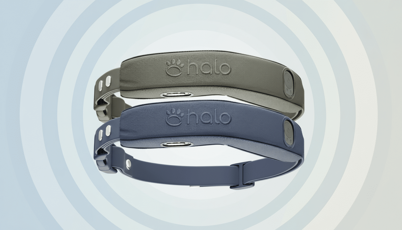 Two Halo dog collars, one grey and one blue, are stacked on a professional flat design background with soft circular patterns.