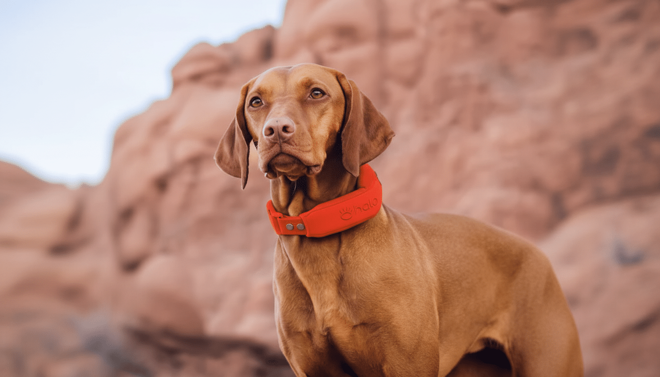 A Vizsla dog wearing an orange Halo collar, looking into the distance with a rocky, natural background.