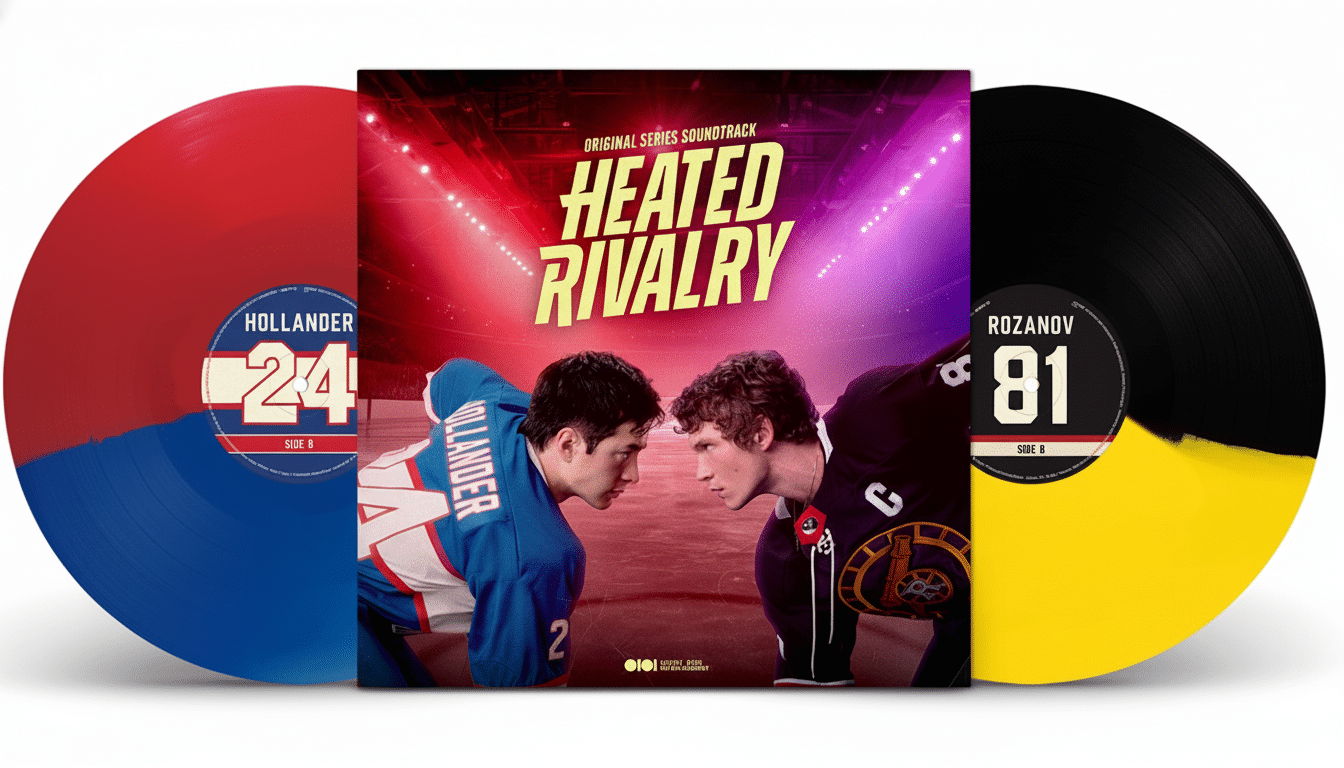 A 16:9 aspect ratio image of the Heated Rivalry original series soundtrack album cover, flanked by two vinyl records. The album cover features two hockey players facing each other intensely. The left vinyl record is red and blue, and the right vinyl record is black and yellow.
