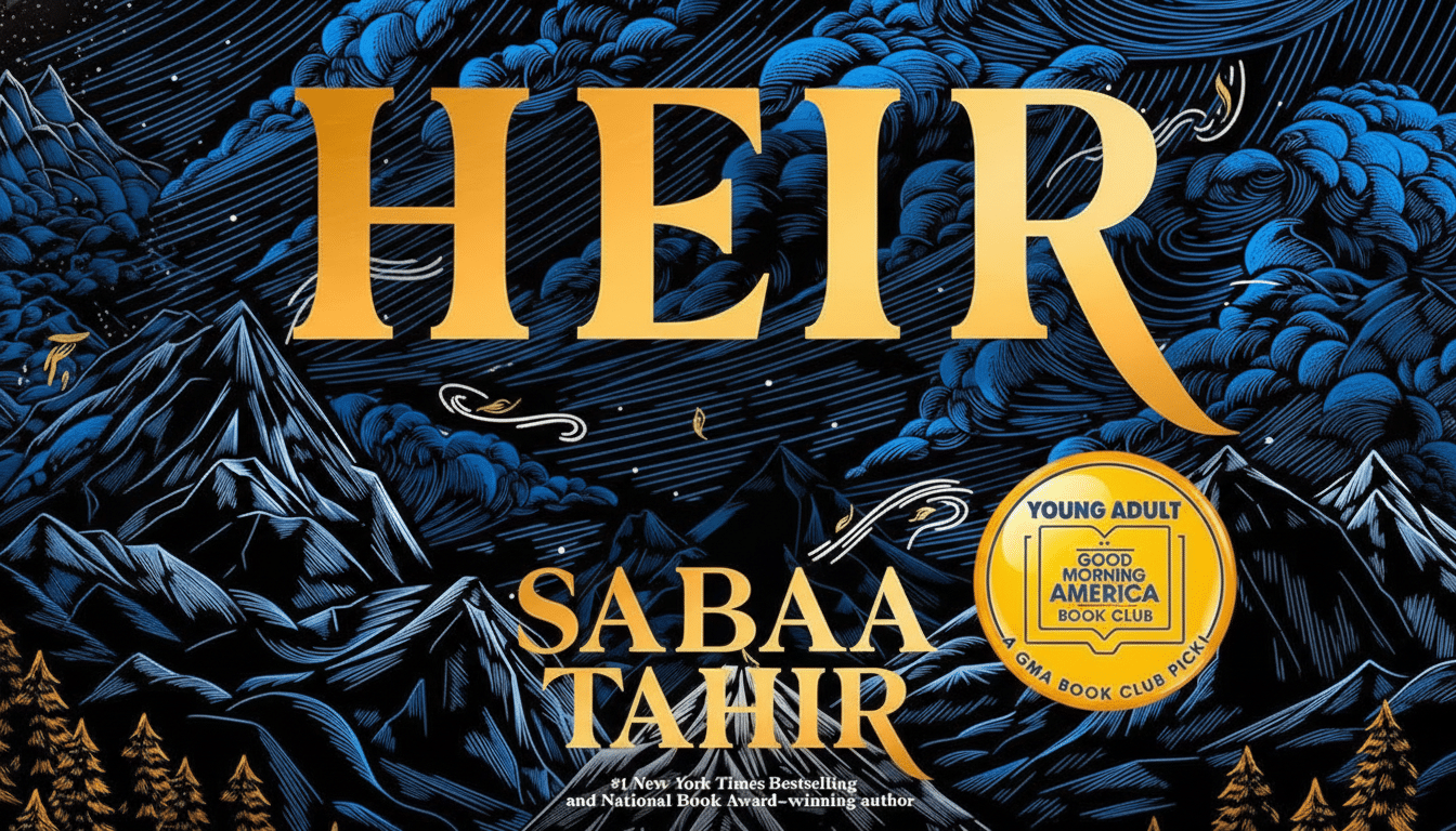 The book cover for Heir by Sabaa Tahir, featuring a stylized illustration of mountains and a figure standing on a peak under a starry, cloudy sky, with the title in gold lettering.