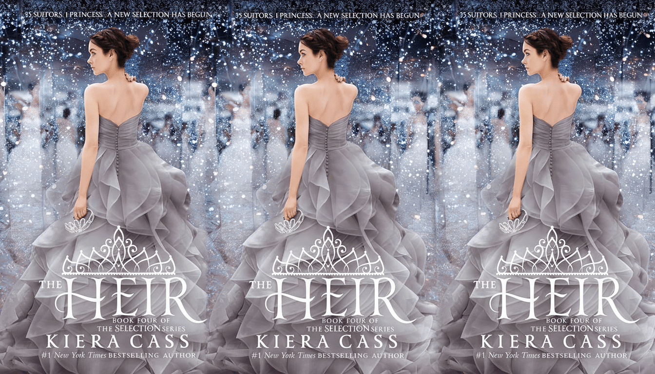 The book cover for The Heir by Kiera Cass, featuring a woman in a grey gown holding a tiara, resized to a 16:9 aspect ratio with the original background maintained and repeated.