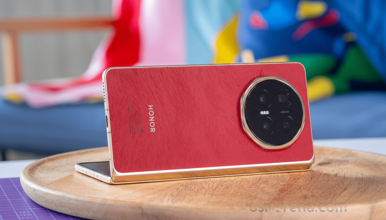 A red Honor smartphone with a large circular camera module on the back, resting on a wooden surface.