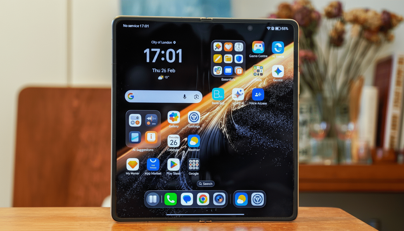 A smartphone with a foldable screen displaying the home screen with various app icons and widgets, set on a wooden table.